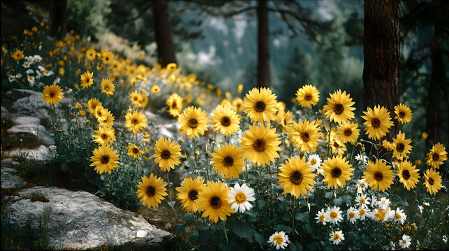 Sunflowers swaying in a field during golden hour, nature scene. gardening catalogs, home-decor guides, designed for home decor and floral branding and gardening and botanical catalogs.adulteration.