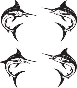 Four marlin fish silhouettes in jumping poses, isolated on a white background, for fishing and, marine themed projects