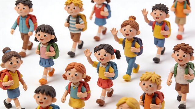 Group of cute clay style school children with backpacks walking and waving on white background.