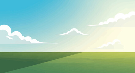 Fototapeta premium Vibrant Green Field Under Bright Blue Sky with Fluffy Clouds