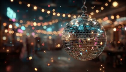 Fototapeta premium Shiny disco ball hanging from ceiling, reflecting party lights in dark room