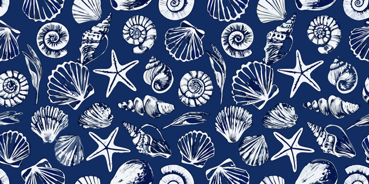 nautical shells pattern on blue background marine