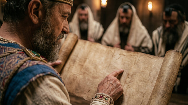 High priest and pharisees gathered around wooden table examining ancient parchment scroll in stone room. Biblical scene depicting council of religious leaders in Jerusalem historical setting