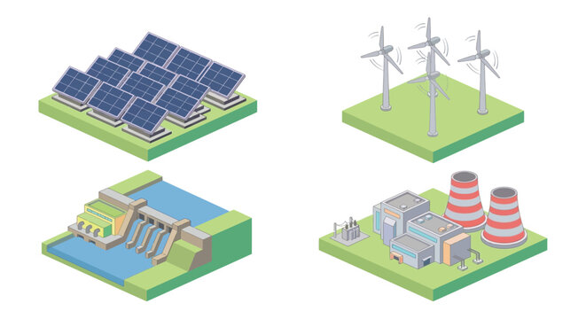 energy sources vector illustration solar panels wind turbines hydro power