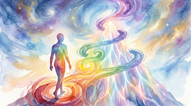 Seven Stages Of Spiritual Evolution Around A Mountain Of Light Symbolizing Inner Awakening JPG