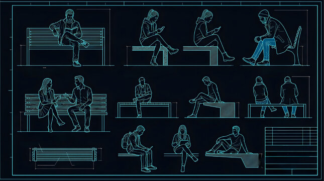 People Sitting with Mobile Phones on Benches and Ledges CAD Collection Boy and Girl Figure Poses Blueprint Technical Vector Set