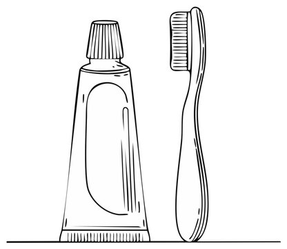 Line art illustration of a toothpaste tube and toothbrush side by side, representing dental hygiene and oral care.