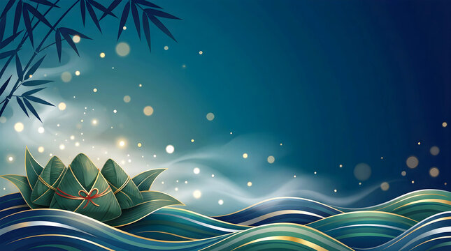 Traditional zongzi rice dumplings with bamboo leaves and water ripples, oriental