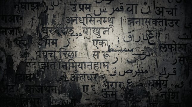A textured, dark, and grunge-like background featuring a collage of various ancient scripts and writings from different cultures and languages.