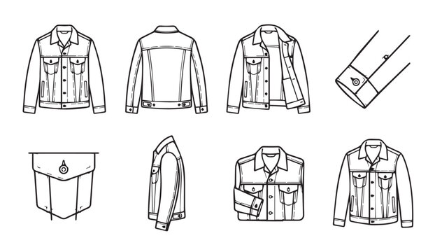 Denim jacket technical drawings showing front back side and pocket detail on white background