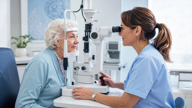 Female optometrist examining elderly woman with slit lamp in modern clinic. Senior patient undergoing eye exam for vision disease prevention. Geriatric healthcare and optometry concept