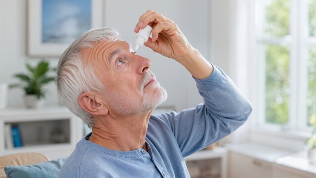 Senior man applying eye drops at home. Elderly male patient treating dry eyes or glaucoma with liquid medication. Geriatric vision care and ophthalmology concept