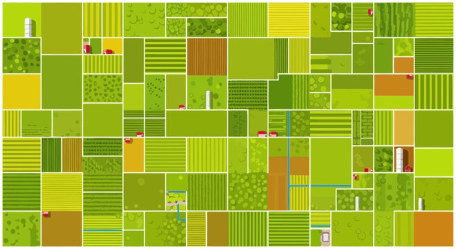 Abstract Aerial View of a Mosaic Agricultural Landscape with Fields and Farms