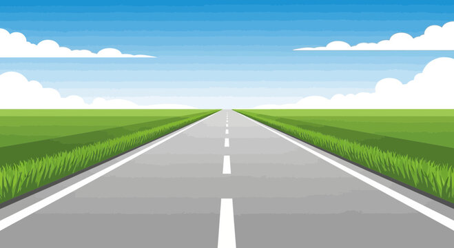 Endless asphalt road stretching to the horizon under a blue sky with clouds