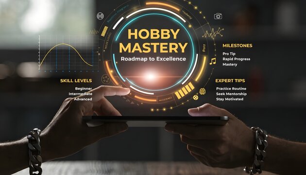 Person holding a tablet with a hobby mastery roadmap to excellence graphic on the screen showing skill levels and expert tips for achieving mastery.