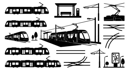 Naklejka premium Modern Tram and Light Rail Transport Icons, Urban Public Transit Collection, City Streetcar Vector Elements for Infrastructure and Commuting Designs