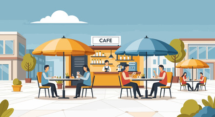 People enjoying coffee at outdoor cafe tables with umbrellas and storefront © Ilma