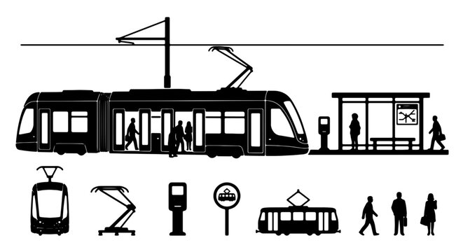 Modern Tram and Bus Stop Vector Icons Set, Urban Public Transport Silhouettes, City Commute Elements