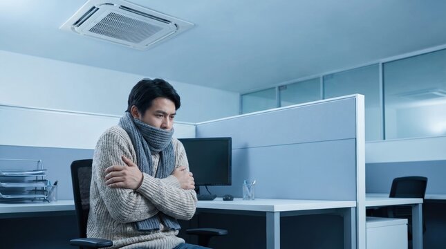 A freezing Asian businessman sitting at his office cubicle hugging himself due to cold air conditioning. copy space