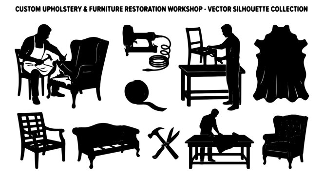 Custom Upholstery & Furniture Restoration Workshop Vector Silhouette Collection: Craftsmanship, Repair, and Design Elements for Interior Decor and Artisan Services