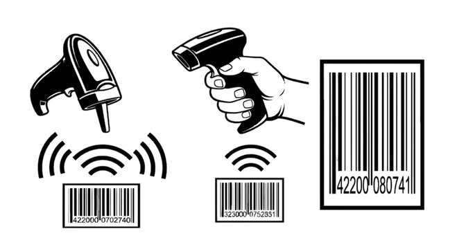 Barcode scanner and barcode icons isolated on transparent background, Vector