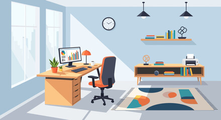 Modern Home Office with Desk, Computer, Printer, and Bookshelves - Bright Workspace © Ilma