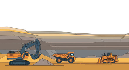 Heavy machinery in open-pit mine: excavator, dump truck, bulldozer working © Ilma