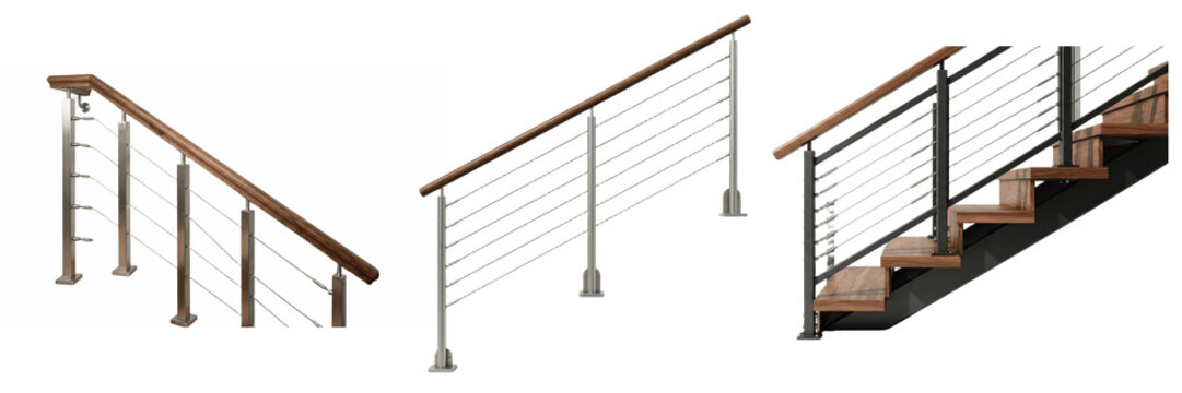 A Set of Three modern stair railings with wood handrails and metal cable balusters, contemporary safety barrier designs for interior architecture PNG

