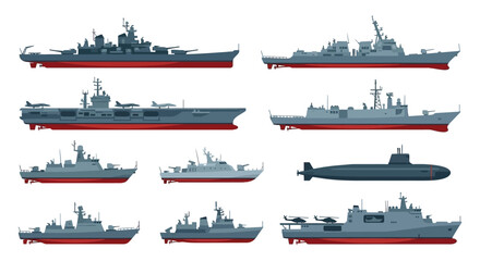 fleet of naval ships vector illustration warship submarine carrier destroyer © vectors home