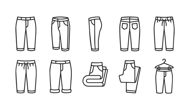 Collection of simplified line drawings of various trousers and pants styles on white background