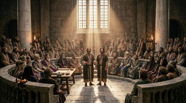 Peter and John standing before the Sanhedrin council. Apostles testifying to Jewish leaders and priests in Jerusalem. Biblical scene from Acts of the Apostles, gospel ministry narrative