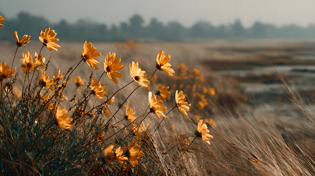 Sunflowers swaying in a field during golden hour, nature scene. gardening catalogs, home-decor guides, designed for home decor and floral branding and gardening and botanical catalogs.adulteration.