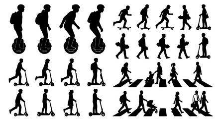 Urban Mobility Silhouettes: Diverse People Riding Electric Scooters, Skateboards, and Unicycles, Walking and Commuting in City Life © Minhazul