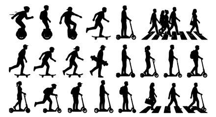 Diverse Silhouettes: Urban Mobility Icons, People on Scooters, Skateboards, Unicycles, and Pedestrian Crossings, Vector Set for City Lifestyle Graphics © Minhazul