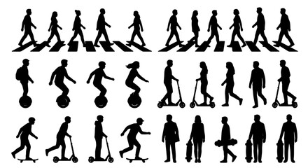 Diverse People Silhouettes Collection: Walking, Scooters, Skateboards, Unicycles, City Life Icons © Minhazul