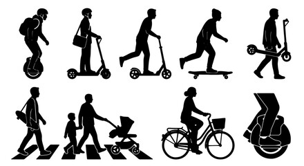 Urban Mobility Icons: Diverse People Silhouettes on Electric Scooters, Skateboards, Bikes, and Unicycles for City Commuting and Lifestyle Concepts © Minhazul