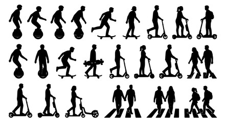 Diverse Silhouette Collection: Unicycles, Skateboards, Scooters, and Pedestrians in Motion, Vector Icons for Urban Mobility and Lifestyle Concepts © Minhazul