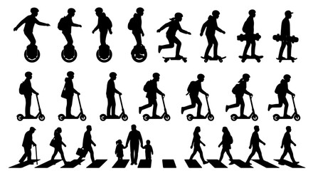 Diverse Silhouettes: People on Unicycles, Skateboards, Scooters, and Walking on Crosswalks, Dynamic Urban Mobility Icons © Minhazul