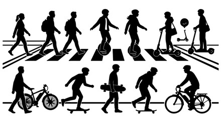 Diverse Urban Mobility Silhouettes: Pedestrians, Scooters, Unicycles, Skateboards, Bicycles, City Transportation Icons © Minhazul