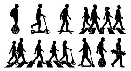 Urban Mobility Icons: Diverse People on Scooters, Skateboards, and Unicycles Crossing Streets, Modern City Transportation Vector Set © Minhazul