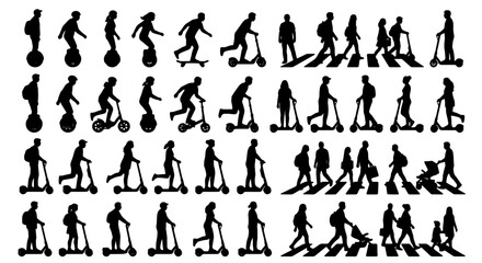 Urban Mobility Silhouettes: Diverse People on Scooters, Unicycles, and Walking with Shadows, 40 Icons Set © Minhazul