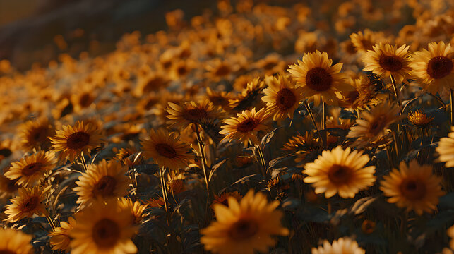 Sunflowers swaying in a field during golden hour, nature scene. gardening catalogs, home-decor guides, designed for home decor and floral branding and gardening and botanical catalogs.adulteration.