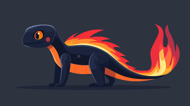 Dark-blue quadruped lizard with fiery hot orange-red mane and tail, glowing eye