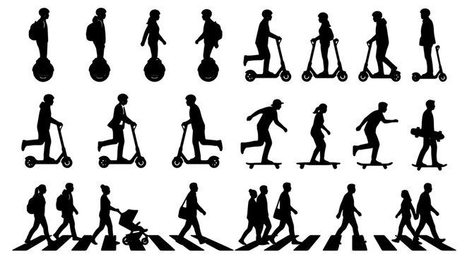 Urban Mobility Silhouettes: Diverse People on Scooters, Skateboards, and Segways, Walking on Crosswalks, Vector Icons for City Life and Transportation Concepts