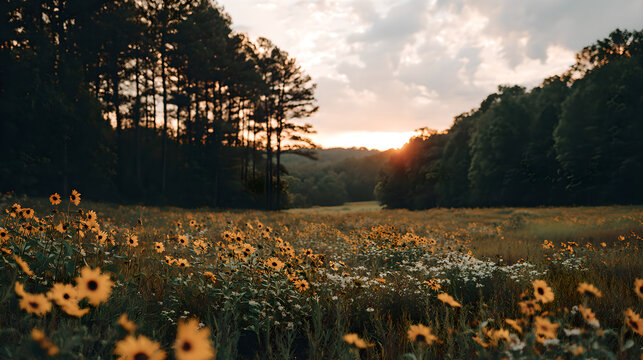 Sunflowers swaying in a field during golden hour, nature scene. gardening catalogs, home-decor guides, designed for home decor and floral branding and gardening and botanical catalogs.adulteration.