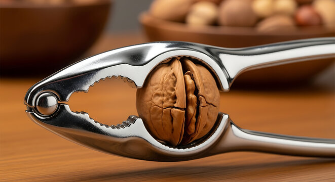 Close up of nutcracker crushing walnut.
