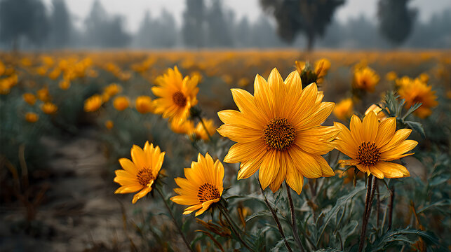Sunflowers swaying in a field during golden hour, nature scene. gardening catalogs, home-decor guides, designed for home decor and floral branding and gardening and botanical catalogs.adulteration.