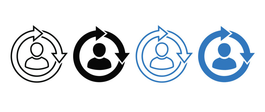Customer return icon set. User account refresh and profile recovery concept. Outline, glyph and colored style. Vector  new