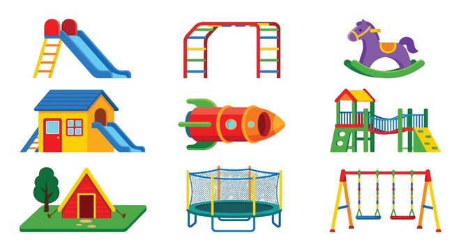children playground equipment flat icons slide ladder house rocket horse