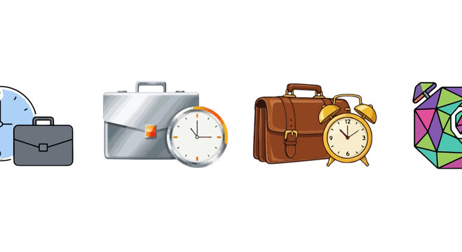 Colorful business travel icons with clocks isolated on transparent background, Vector
